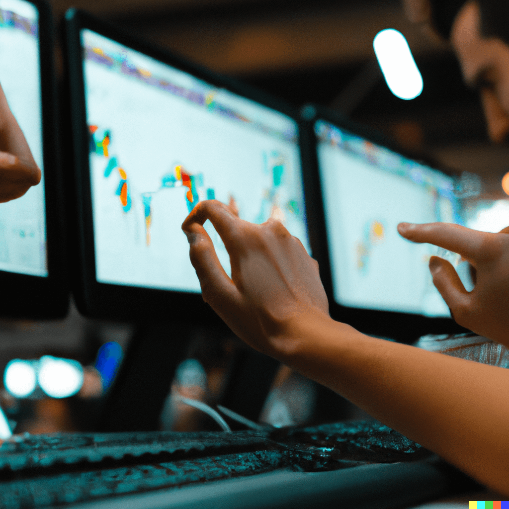 DALL·E 2023 02 25 23.56.12 Crypto market A bustling trading floor filled with traders shouting and waving hand signals surrounded by screens displaying real time market data.